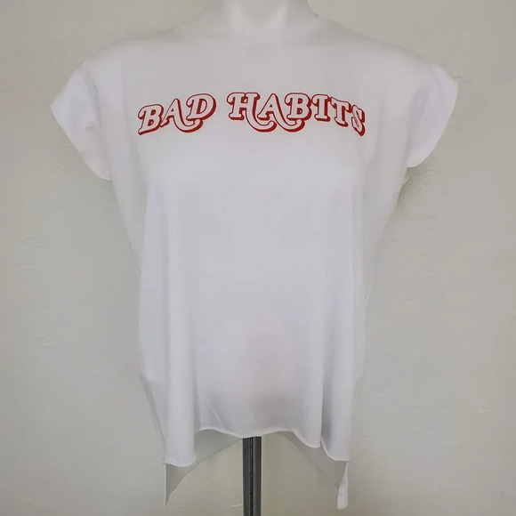 BAD HABITS Red Slogan Graphic White Hi-Low Tee Small - Picture 1 of 4
